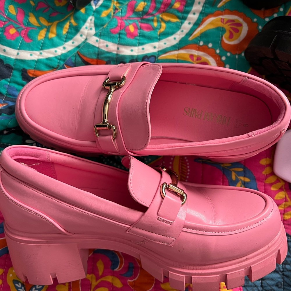 Soda Pink Chunky Loafers with Gold Buckles